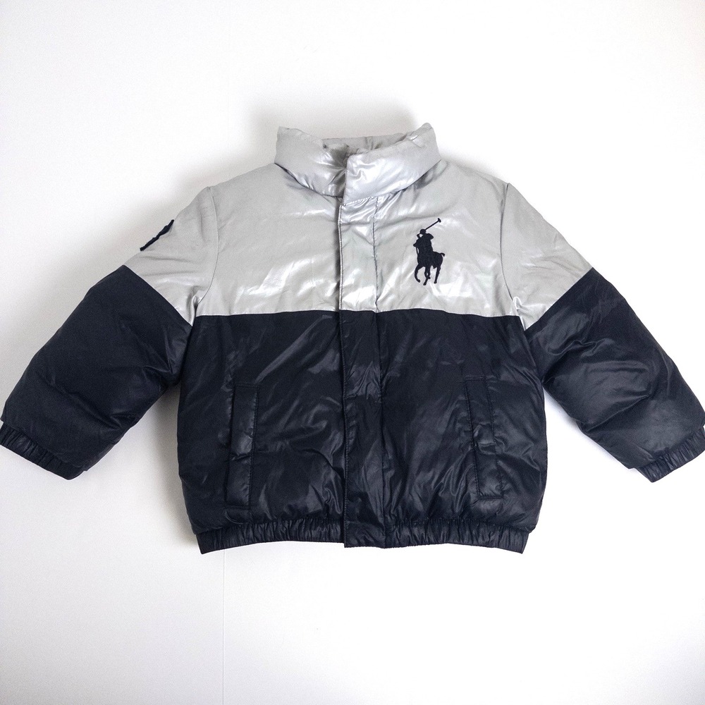 Polo Ralph Lauren Polo Bear Down Puffer Ski Jacket Silver Black Boys Sz‎ 3T